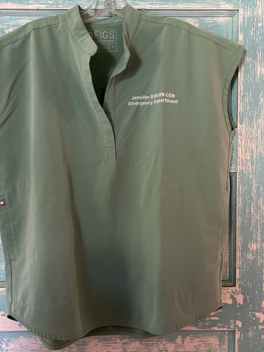 FIGS Rafaela Jade Green Medical Scrub Top - Jennifer BSN CEN Embroidered